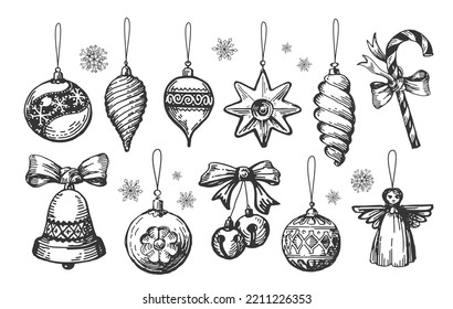 Decoración de Navidad retro y colección de bolas. Conjunto de elementos de vacaciones antiguas. Ilustración vectorial dibujada a mano