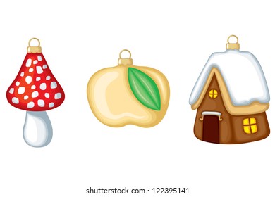 Retro christmas decorations: a house, a apple and a mushroom