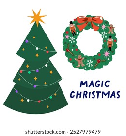 Retro Christmas door wreath and Christmas tree. Fir branch circles with Xmas decor. Winter holiday elements, stuff bundle. Holly wreath with red bow and various Christmas toys