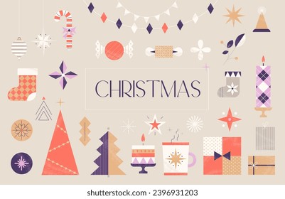 Retro Christmas elements. Geometric Christmas elements in a minimalist retro style with Christmas trees, abstract Christmas and New Year decor, minimalist shapes, balls, snowflakes.