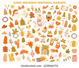 Retro Christmas elements set in 70s-80s style. Vector illustration.