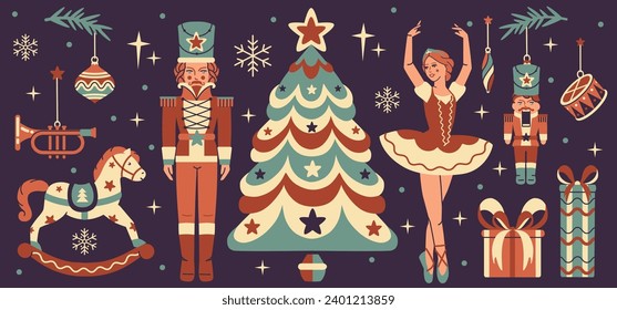 Retro Christmas Fairy Tail set of nutcracker, ballerina, beautiful baubles, decorations, baby toys. Vintage Noel collection of isolated holiday illustrations, stickers. Elegant flat style vector art