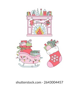 Retro Christmas Fireplace, Santa Sleigh Full of Presents, and Stocking Filled with Books vector illustration set isolated on white. Perfect for holiday cards, festive book themed designs, seasonal