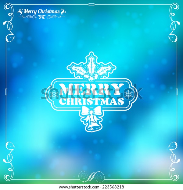 Retro Christmas Frame with Bell, Deer and Bow\
on Blurred Bokeh Background. Vector Template for Flyers and\
Brochure.