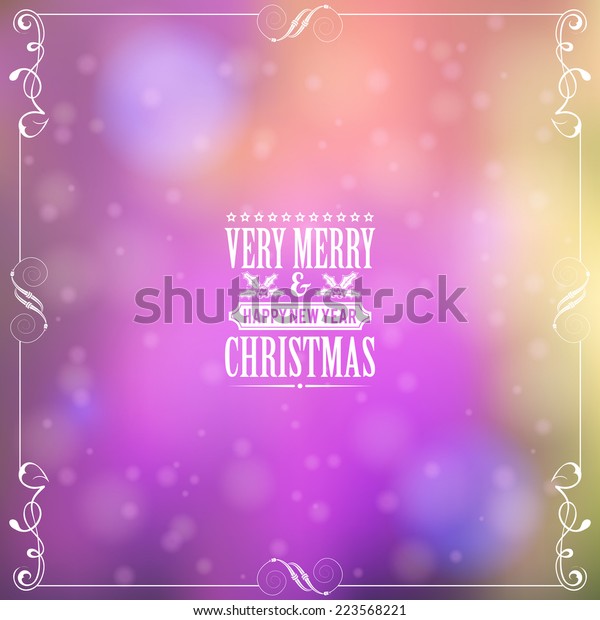 Retro Christmas Frame with Label and
Calligraphic Ornament on Blurred Bokeh Background. Vector Template
for Flyers and Brochure.