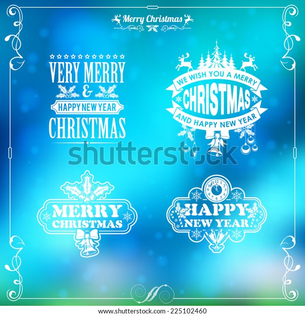Retro Christmas Frame with Labels and Bell,\
Deer and Bow on Blurred Bokeh Background. Vector Template for\
Flyers and Brochure.