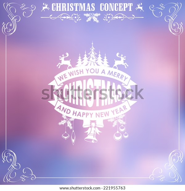 Retro Christmas Frame with Tree, Deer, Bell,\
Bauble and Bow on Blurred Bokeh Background. Vector Template for\
Flyers and Brochure.