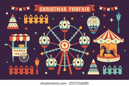 Retro Christmas funfair clip art arranged on dark background. Ferris wheel, carousel, cotton candy cart, and decorations. Festive elements for seasonal greetings, holiday crafts, and stickers