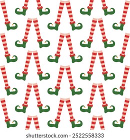 Retro Christmas funny striped Elf Legs Vector Pattern. Traditional red stripes and green pointy shoes Elf legs on white background seamless pattern.