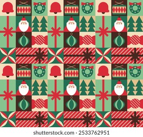 Navidades retro minimalista patrón geométrico sin fisuras. Formas festivas Santa Claus, regalo, caramelo, tambor, corona. Festiva vintage ornamento de impresión. Diseño de invierno de Vector