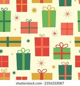 Retro Christmas gift seamless vector pattern. Mid century 1950s style holiday repeat background print. 