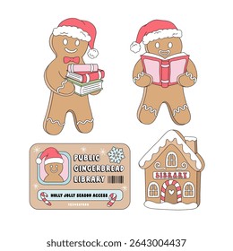 Retro Christmas Gingerbread Man Characters Reading and Carrying Books, Library Shaped Cookie, and Festive Library Card vector Illustration set isolated on white. Perfect for festive greeting cards