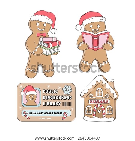 Retro Christmas Gingerbread Man Characters Reading and Carrying Books, Library Shaped Cookie, and Festive Library Card vector Illustration set isolated on white. Perfect for festive greeting cards