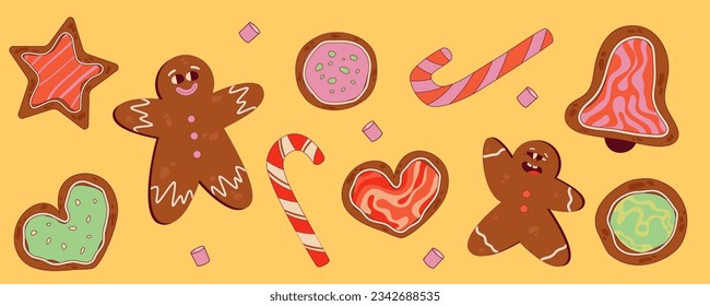 Retro Christmas gingerbread set with candy can. Groovy christmas gingerbread heart, star and man form. Funny xmas groovy cookie for comic design. Retro cartoon vector illustration