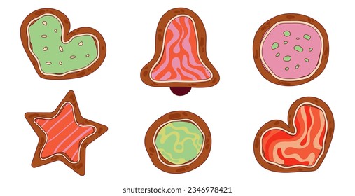 Retro Christmas gingerbread set. Groovy christmas gingerbread heart, star and round form. Funny xmas groovy cookie for comic design. Retro cartoon vector illustration