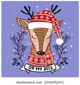 Retro Christmas Graphic with Deer wearing red Christmas hat and scarf,Mistletoes and Slogan “OH MY DEER”