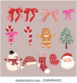 Retro Christmas Graphic with Hand Drawn  Snowman ,Cookie, Red. Hat, Red Sock, Red Glove, Christmas tree,  Santa Claus and Four Different Ribbon Bow ,Christmas items set vector