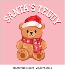 Retro Christmas Graphic with Teddy bear and Slogan “SANTA’S TEDDY”