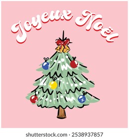 Gráfico de Natal Retrô com Árvore de Natal e Slogan em Francês "JOYEUX NOËL" significa "FELIZ NATAL" em Inglês, no Fundo Rosa