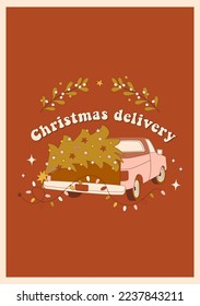 Retro Christmas greeting card in 70s-80s style. Wall art poster backgrounds. Vector illustration.