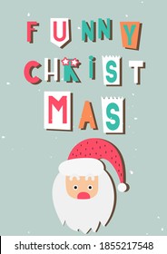 Retro Christmas greeting card design in Scandinavian style. Cute Santa Claus on gray background. Vector illustration for winter holiday. Lettering Funny Christmas.