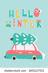 Retro Christmas greeting card design in vintage style. Car with tree on blue background. Vector illustration for winter holiday. Lettering Hello winter.