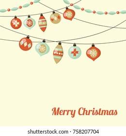 Retro Christmas greeting card, inivtation with garland of christmas balls, ornaments. Vector illustration background, vintage flat design.