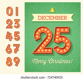 Retro Christmas Greeting Card Or Web Banner Design With Full Set Of Light Bulb Display Numbers. Easy To Edit.