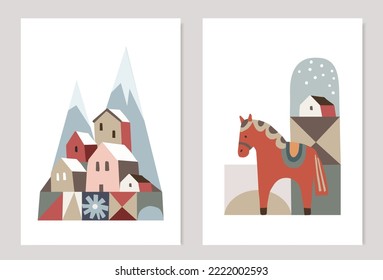 Retro Weihnachten Grußkarten, Einladungen Set. Winterlandschaft mit Bergen und bunten Häusern, Dorf. Schwedisches Dala-Pferd mit Schnee. Abstrakte geometrische Dekorationselemente. Vektorgrafik