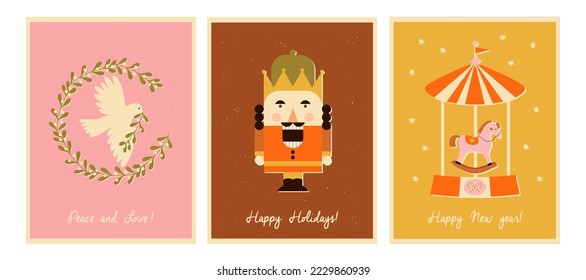 Retro Christmas greeting cards set in 70s-80s style. Wall art poster backgrounds. Vector illustration.