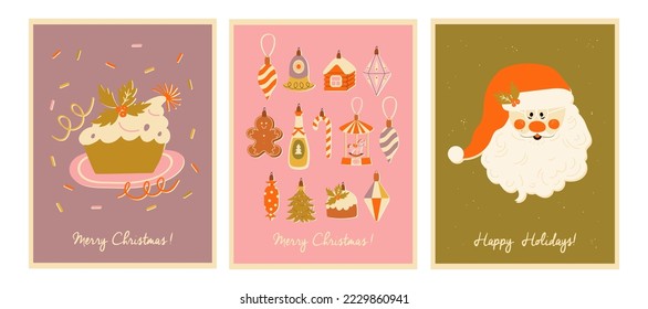 Tarjetas de felicitación de Navidad retro con estilo de los años 70-80. Fondos de carteles de arte mural. Ilustración vectorial.