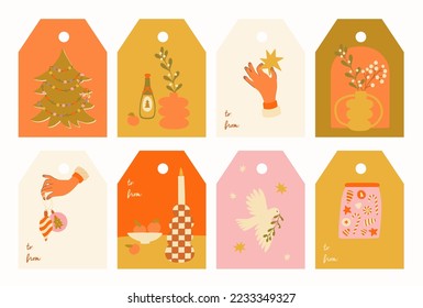 Retro Christmas greeting gift tags set in 70s-80s style. Wall art poster backgrounds. Vector illustration.