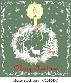 Retro Christmas greeting pastel green card with cut out paper fir wreath, snowflakes, candle, deer and winter landscape