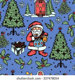 Retro Christmas hand-drawing color  pattern. Hand drawing. Seamless for fabric design, gift wrapping paper and printing and web projects.