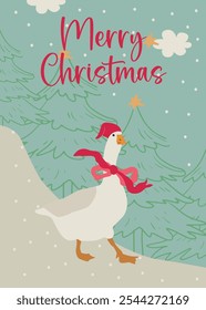 Retro Christmas Holiday card with goose. Vector pre-made printable card template with hand drawn winter illustration.
