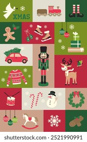 Retro Christmas Holiday colorful patchwork Vector Poster