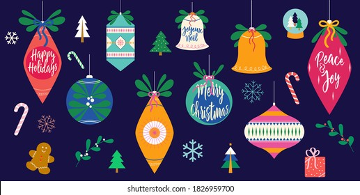 Icono de Navidad retro con adornos de Navidad vintage, campanas, canes de caramelo, bolas de hueso, globos de nieve, copos de nieve, regalos de Navidad y árboles de Navidad