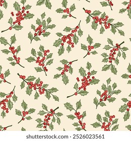 Retro Christmas Christmas Holly Berries Branches and Foliage Vector Seamless Pattern. Festive Flowers, Greenery Arrangement. Winter Holidays Botanical Print. Nostalgic Spirit.