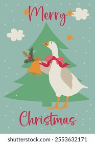 Retro Christmas Holly card with cute goose, Christmas tree and bell. Vector pre-made printable card template with hand drawn winter illustration.