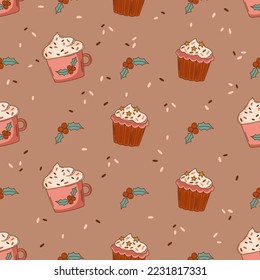 Retro Christmas hot cocoa, cupcake vector seamless pattern 