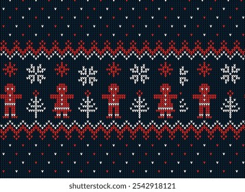 Retro Christmas Knitted Pattern with Gingerbread and Snowflakes – Festive Holiday Wrapping Paper Background