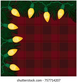 Retro Christmas Lights Frame with Red Plaid Background