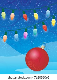 Retro Christmas Lights and ornament with Winter Background