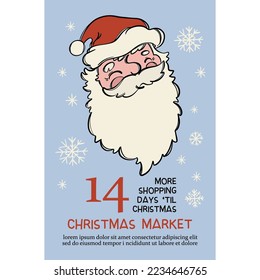 RETRO CHRISTMAS MARKET Hand Made Vector Vintage Sketch Poster Santa Claus Invites Sale Of New Year Gifts Text Cartoon Banner With Date Hand Drawn Greeting Card