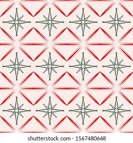 Retro Christmas mid century seamless pattern in vintage red and green with pink background. Stylized geometric design with 1950s, 1960's starburst. For gift wrapping paper, textiles and holiday cards.