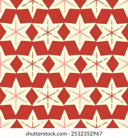 Retro Christmas Mid-Century Star Vector Seamless Pattern. Winter Holiday Festive Print. Minimal Xmas Seasonal Symmetrical Geo Design