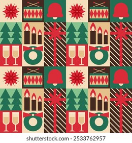 Retro Christmas minimalist geometric seamless pattern. Festive shapes stars, trees, champagne, candles, gifts, wreaths. Holiday vintage ornament print. Vector winter design