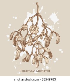 retro christmas mistletoe card with paint stains