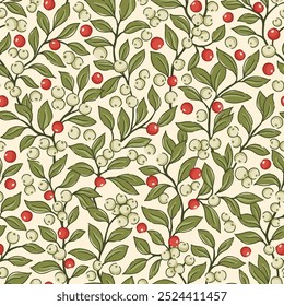 Retro Christmas Mistletoe Foliage and Berries Vector Seamless Pattern. Festive Evergreen Greenery Arrangement. Winter Holidays Botanical Print. Nostalgic Spirit.