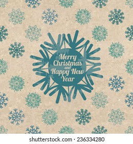 Retro Christmas and New Year greeting card. Snowflake pattern on a vintage cardboard background